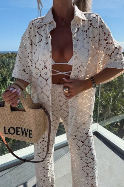 Holiday Crochet Flowers Lace Short Sleeve Shirt and Elastic Waist Wide Leg Pants Set