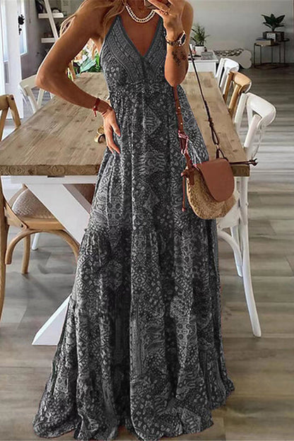 Vestidos largos con cintura elástica y tirantes estampados estilo bohemio celeste 