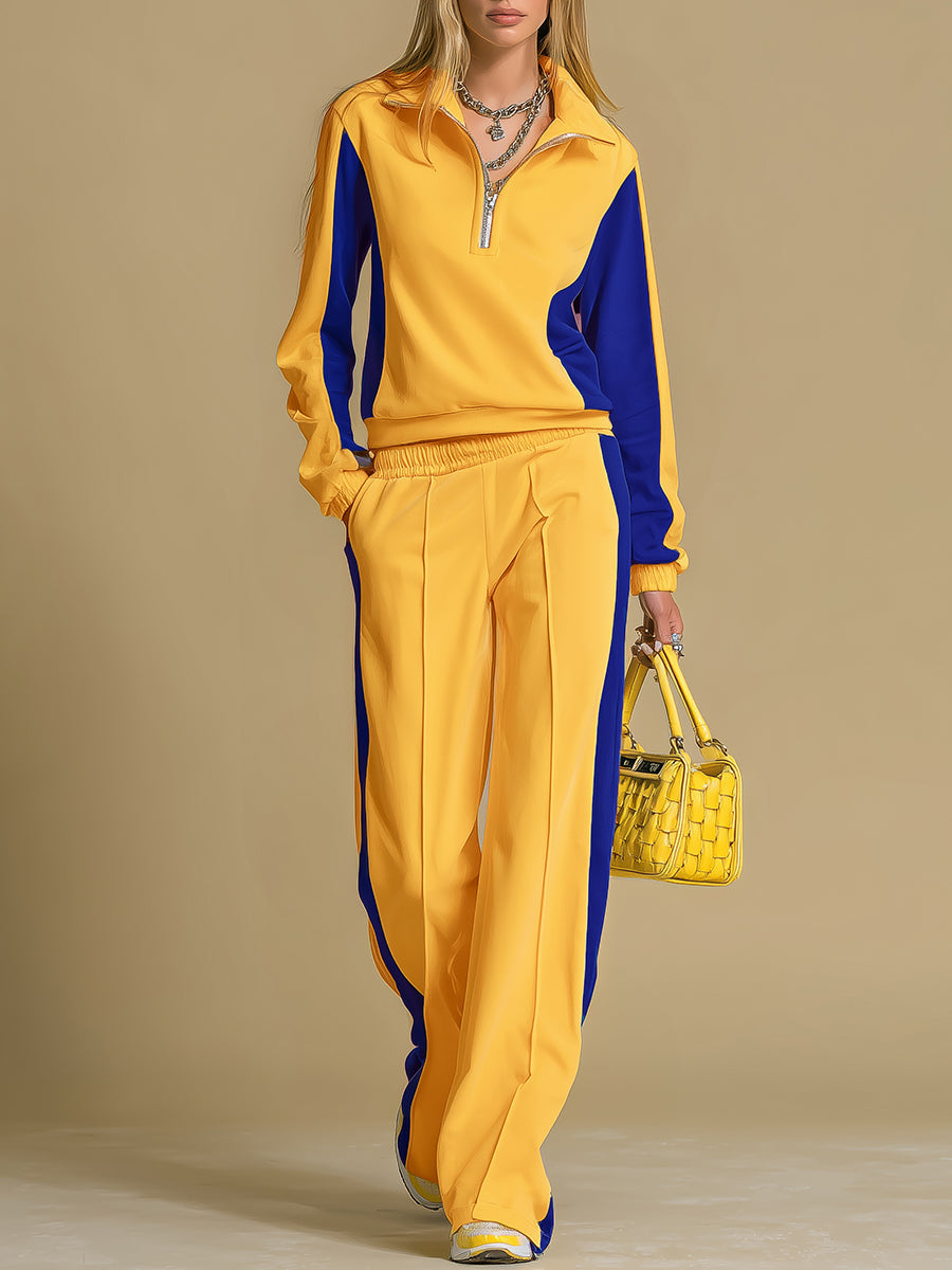 Retro Sporty Color-blocked Long-sleeved Sweatshirt And Wide-leg Pants Set