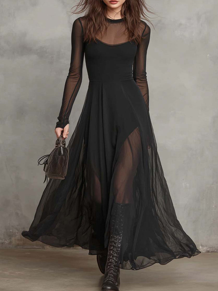 Party Black Round Neck Long Sleeve See Through Elegant Tulle Maxi Dresses