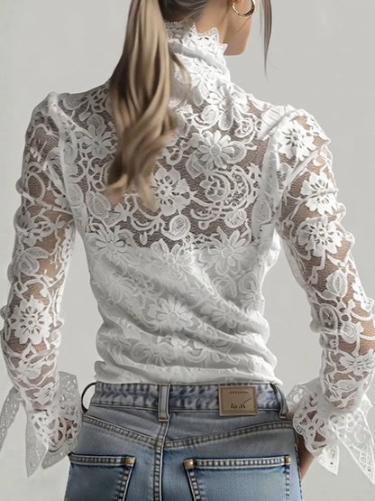 sheenchic White Sheer Lace High Neck Flare Sleeves Top & Camisole 2Pcs Set