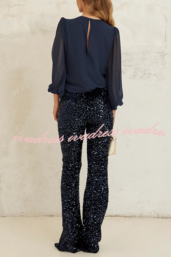 Diva Velvet Sequin High Rise Elastic Waist Flare Pants