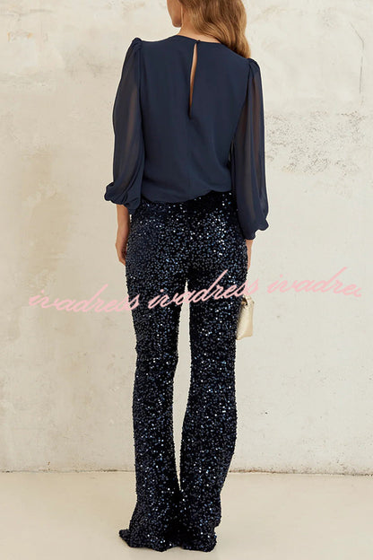 Diva Sequin High Rise Elastic Waist Flare Pants