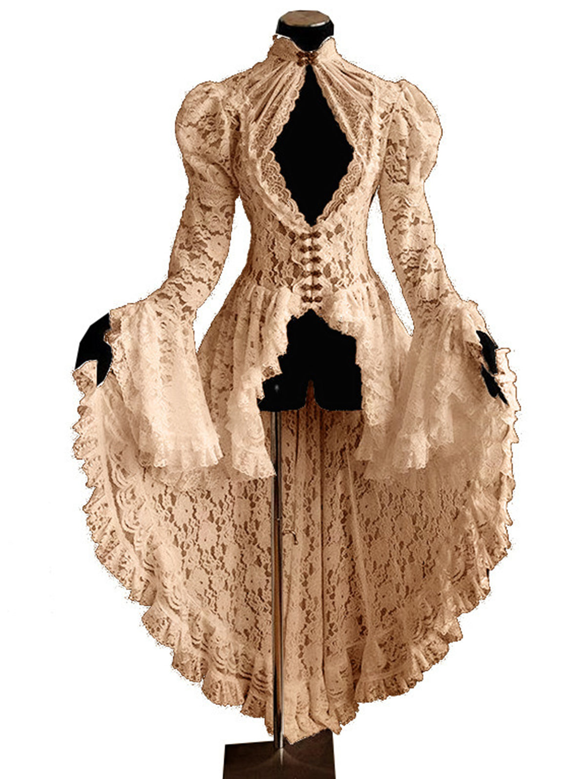 Retro Lace Splicing Stand Collar Flare Sleeve Maxi Dress