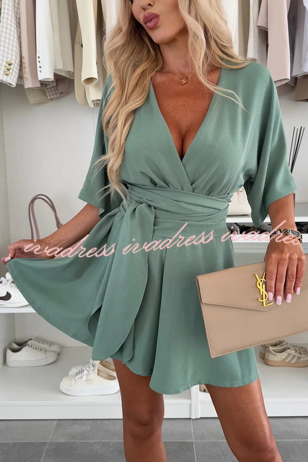 Stylish Comfortable V-neck Wide Sleeve Tie-up Loose Romper