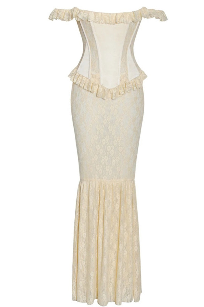 Satin Lace Peplum Corset Off Shoulder Maxi Dress