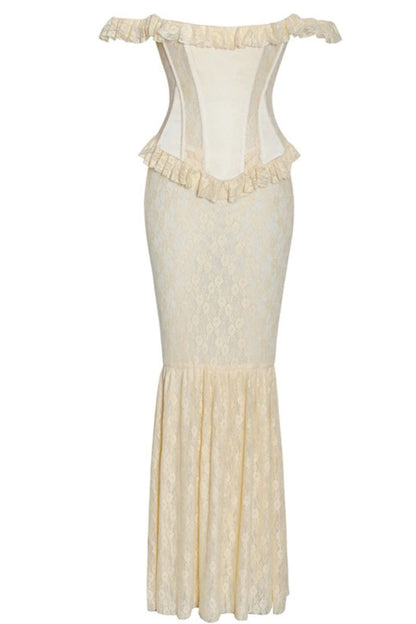 Satin Lace Peplum Corset Off Shoulder Maxi Dress