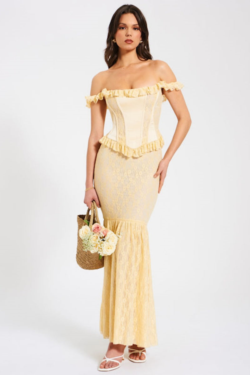 Satin Lace Peplum Corset Off Shoulder Maxi Dress