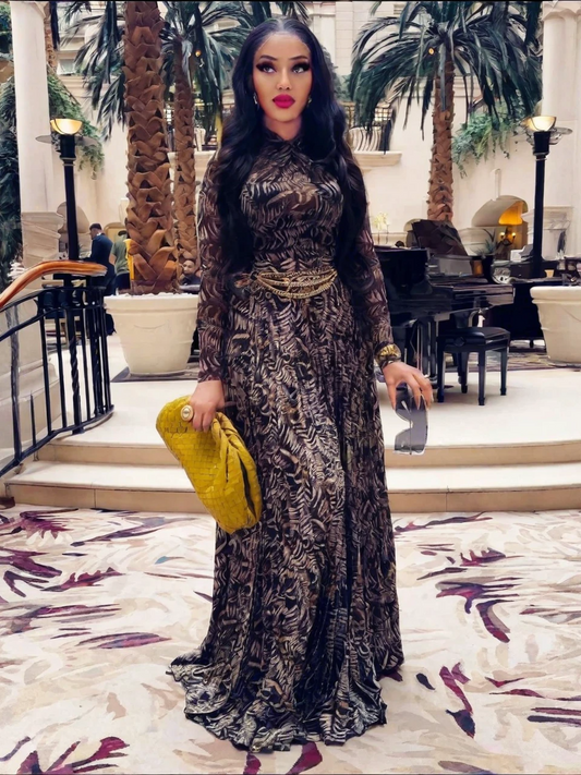 Brown Sheer Mesh Slim-Fit Maxi Dress