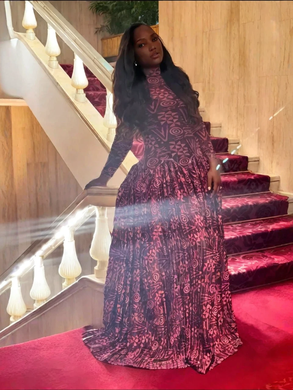 Geometric Print High Neck Maxi Dress