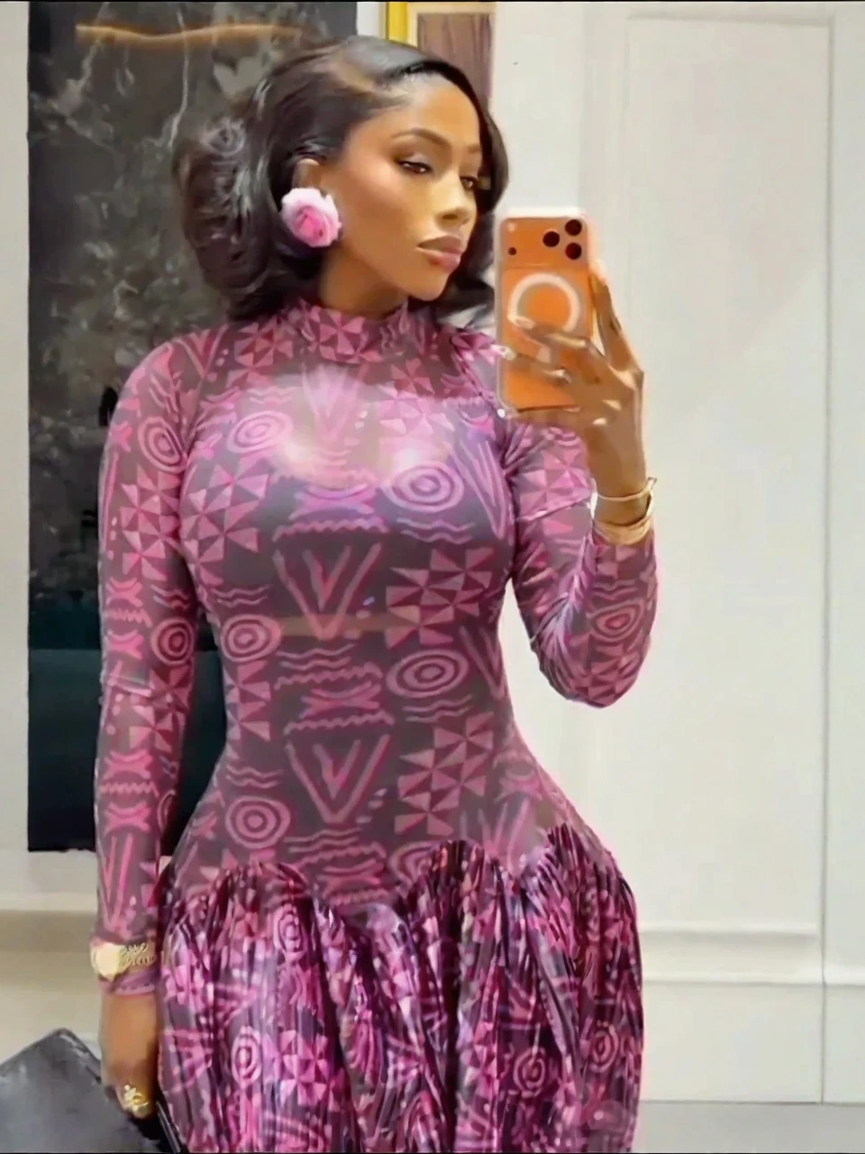 Geometric Print High Neck Maxi Dress