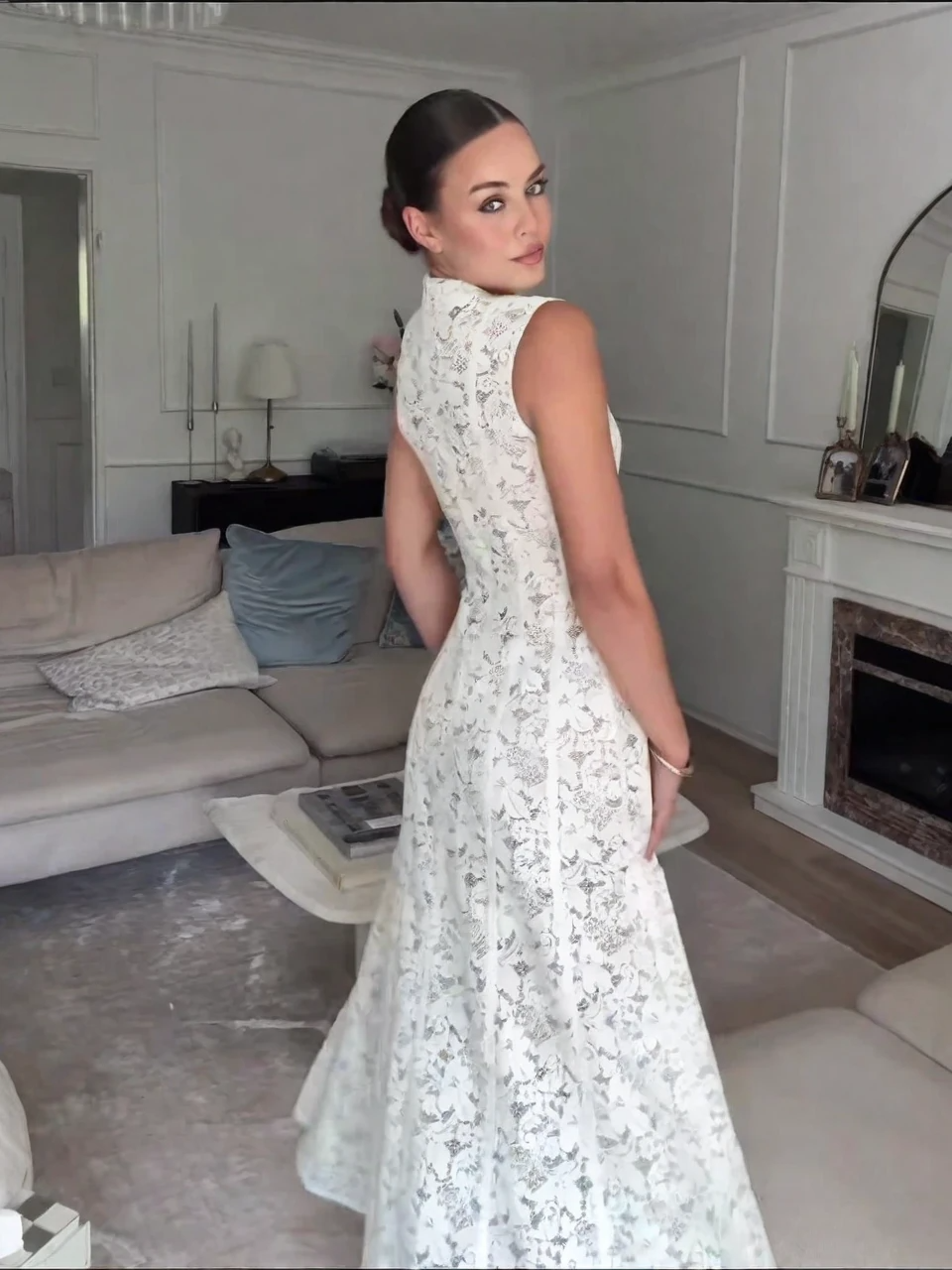 Sleeveless High-Neck Lace Dress