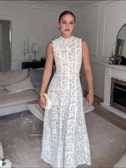 Sleeveless High-Neck Lace Dress