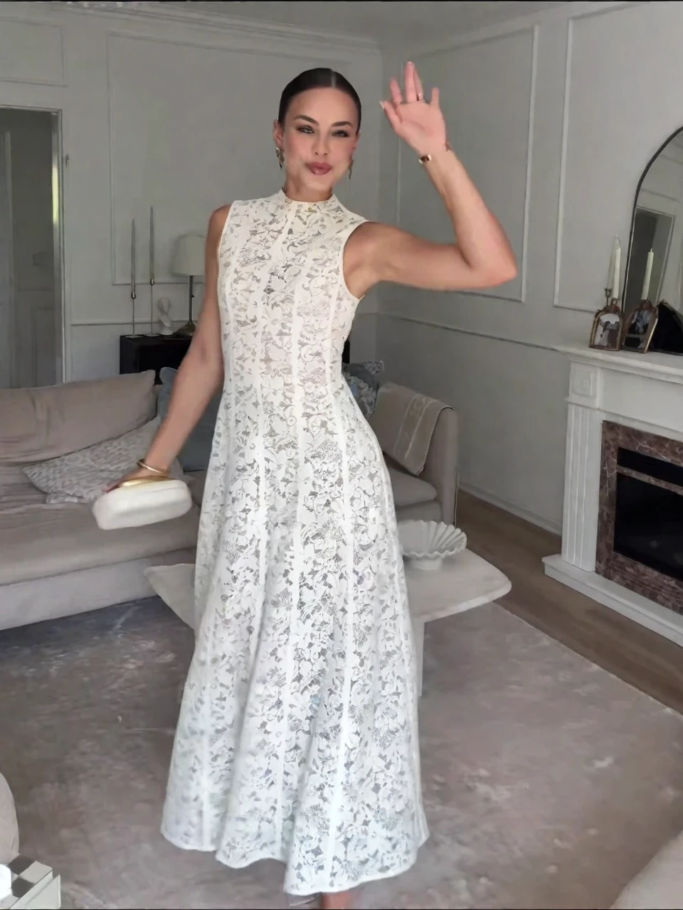 Sleeveless High-Neck Lace Dress