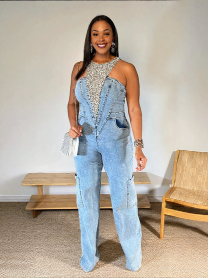 Bedazzled Blue Denim Jumpsuit