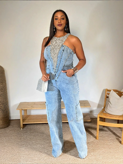 Bedazzled Blue Denim Jumpsuit