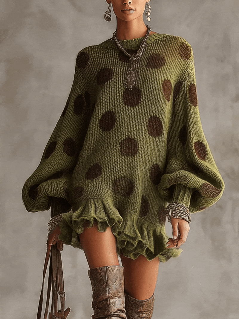 Green Polka Dot Oversized Knit Sweater Dress With Ruffled Hem