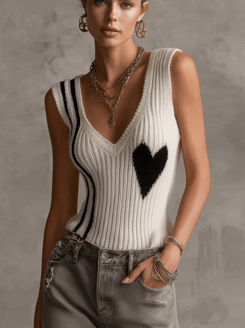 White Ribbed Knit Sleeveless Heart Pattern V-Neck Vest