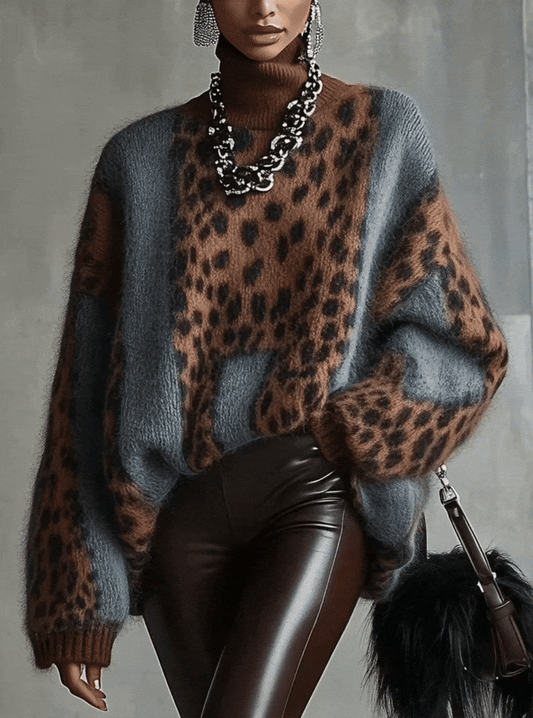 24-Hour-Shipping Leopard Print Turtleneck Sweater