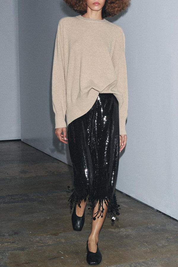 City Queen Sequin Tassel Round Pieces High Rise Back Zipper Midi Skirt