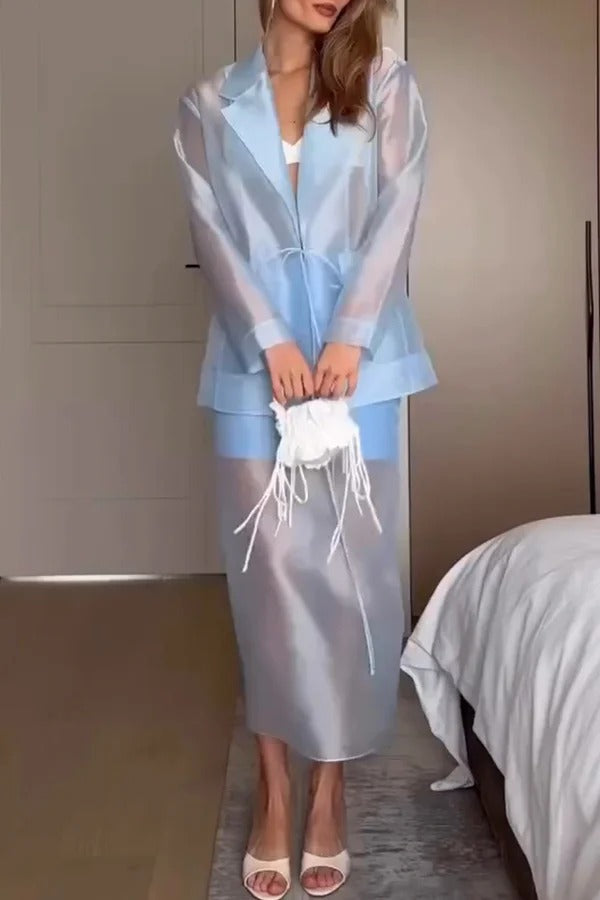 Simple and Light See-through Fabric Tie-up Long Sleeve Pocket Lapel Blazer