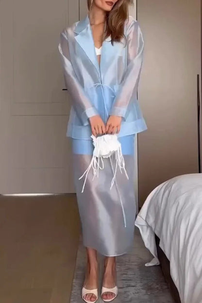 Simple and Light See-through Fabric Tie-up Long Sleeve Pocket Lapel Blazer