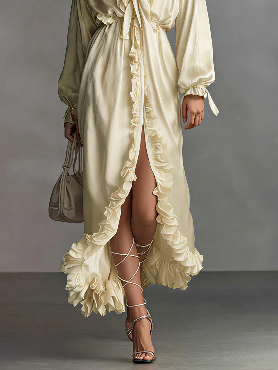 sheenchic Daily Yellow V Neck Long Sleeve Ruffle Elegant Split Midi Dresses [Pre-Order]