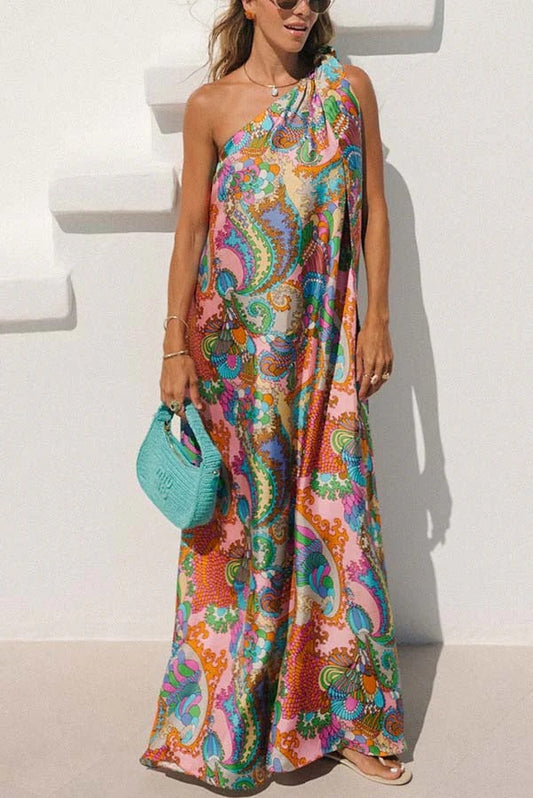 Rainbow Breeze Satin Unique Print Bow One Shoulder Loose Maxi Dress