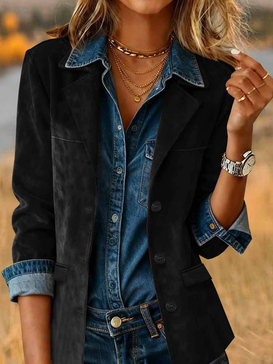 Daily Brown Turndown Collar Long Sleeve Pocket Vintage Button Chamois Blazer