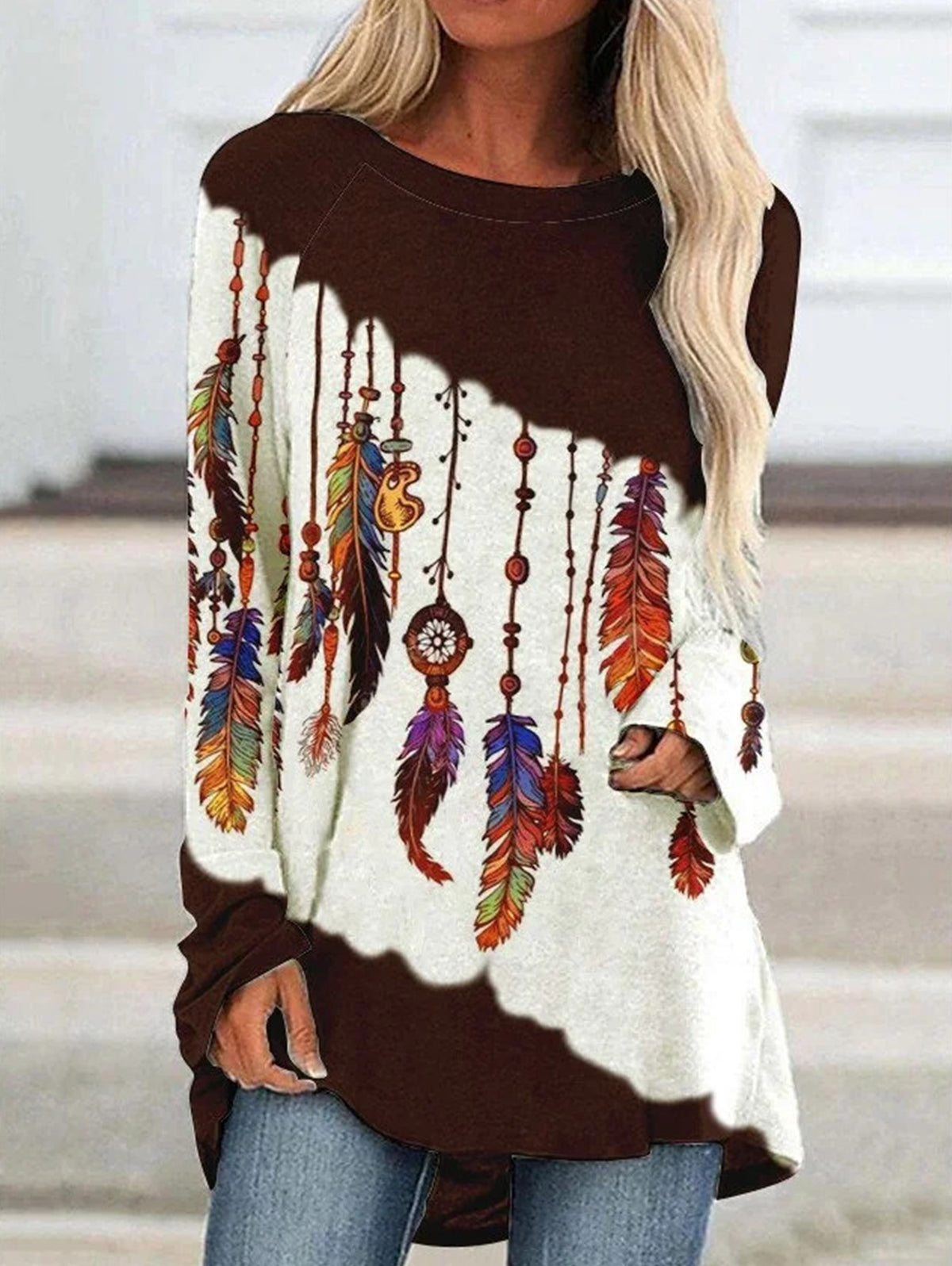 Ethnic Retro Print Crew Neck Long Sleeve T-Shirt