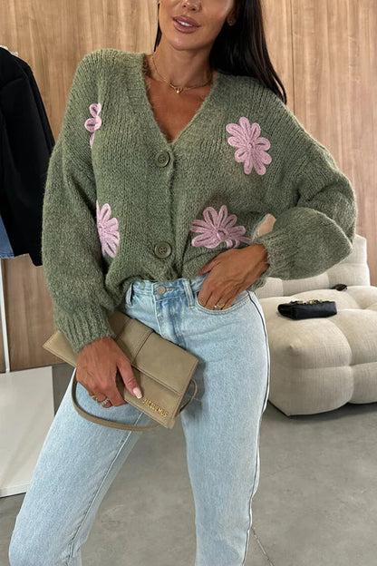Cárdigan de punto con botones, manga larga, cuello en V y flores bordadas