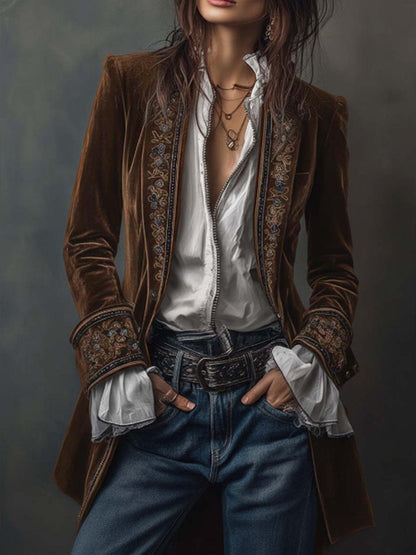 Business Casual Navy Blue Long Sleeve Embroidery Western Pocket Velvet Jacket