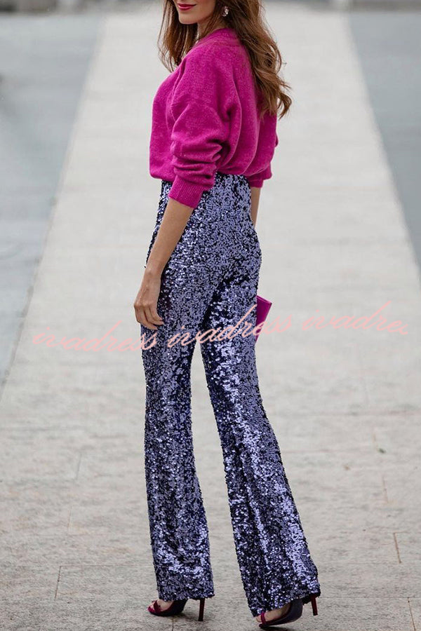 Diva Sequin High Rise Elastic Waist Flare Pants