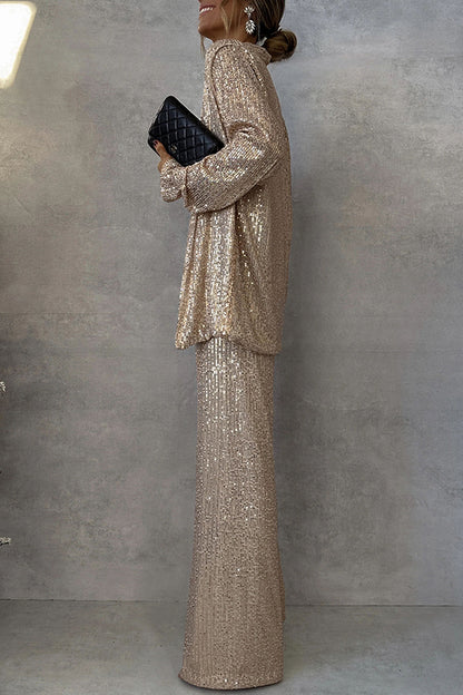 Party Scene Sequin High Rise Elastic Waist Wide Leg  Pants