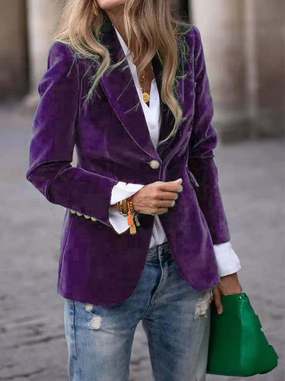 Elegant Red Velvet Lapel Collar One Button Long Sleeve Blazer