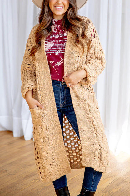 Knit Cable Cotout Long Sleeve Pocket Oversized Midi Cardigan