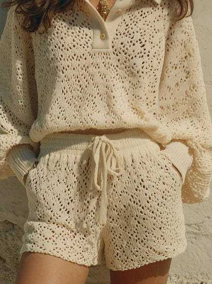 Retro Openwork Knit Top & Drawstring Shorts Set