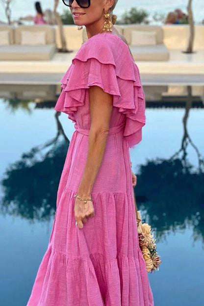 Vestido largo de mezcla de algodón con volantes y cinturón de un solo hombro