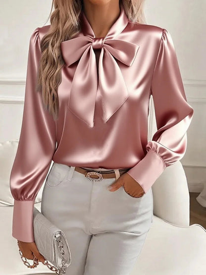 Daily Pink Long Sleeve Bow Tie Casual Satin Blouses