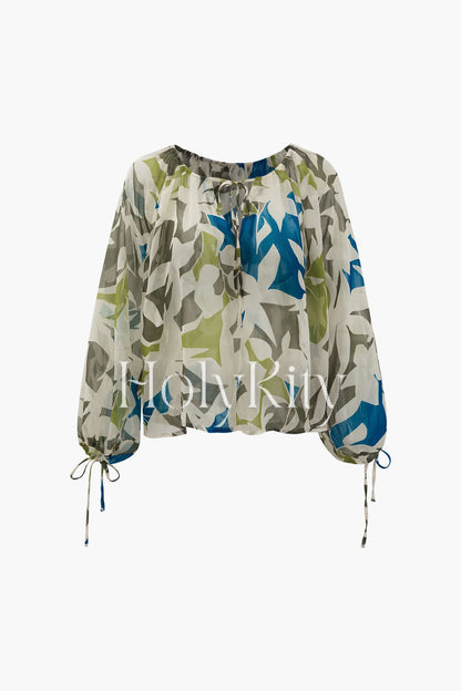 Printed Tie Front Blouse