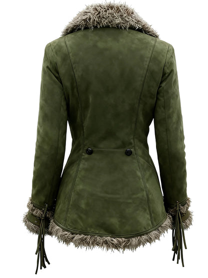 Daily Faux Fur Brown Turndown Collar Long Sleeve Asymmetric Hem Western Pocket Chamois Jacket