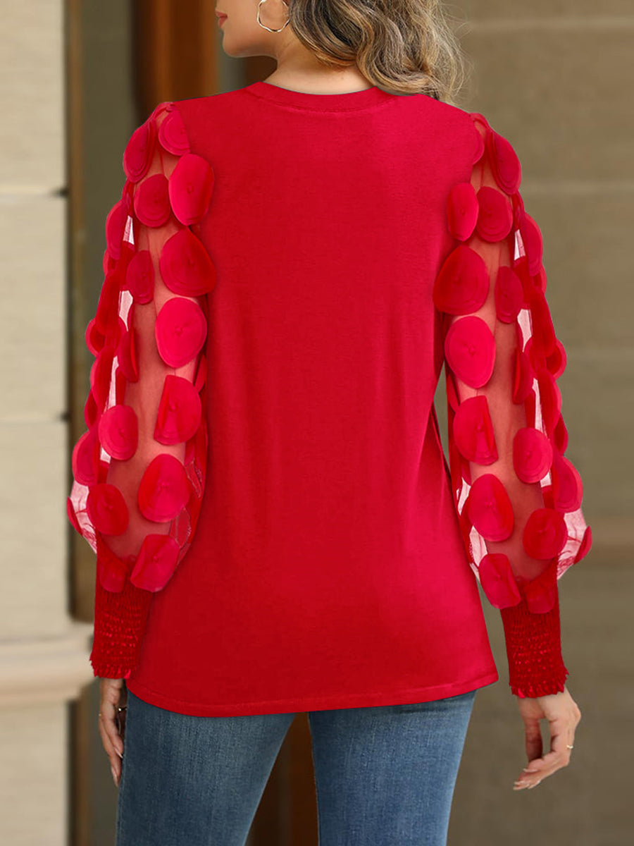 Valentines Red Round Neck Long Sleeve Contrast Elegant See Through Tulle Blouses