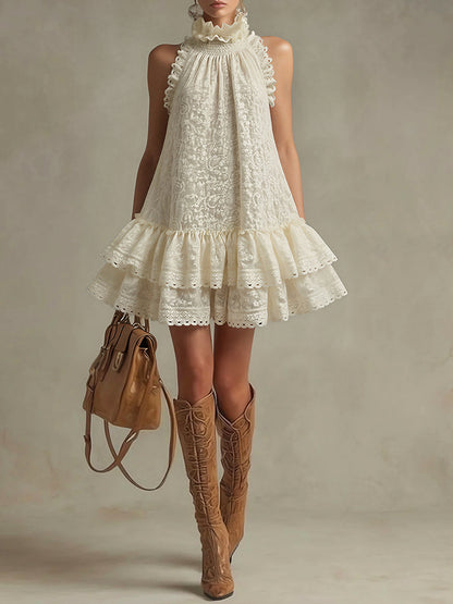 sheenchic Vacation Beige Halter Collar Ruffle Boho Ruffled Lace Mini Dresses [Pre-Order]