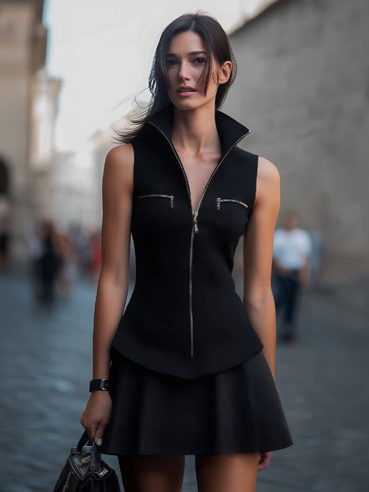 Sculpted Sleeveless Moto Vest-Dress With High Funnel Neck