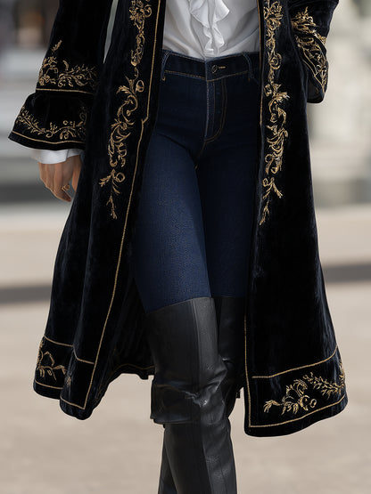 sheenchic Vintage Black Velvet Floral Embroidery Flare Sleeve Long Coat