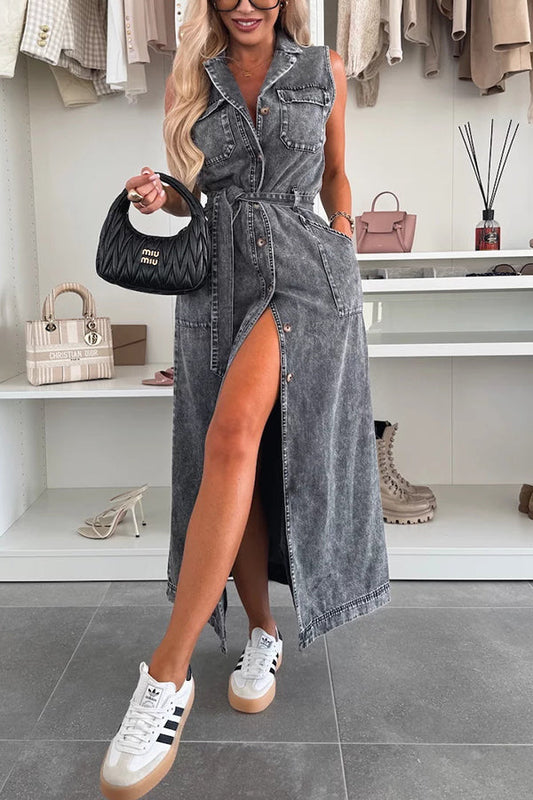 Solid Color Sleeveless Single Breasted Waist Tie Casual Pocket Denim Midi Dress
