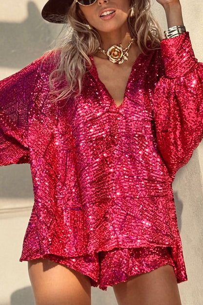 Fashion Sequin V-neck Long Sleeve Loose Top and Elastic Waist Casual Shorts Set
