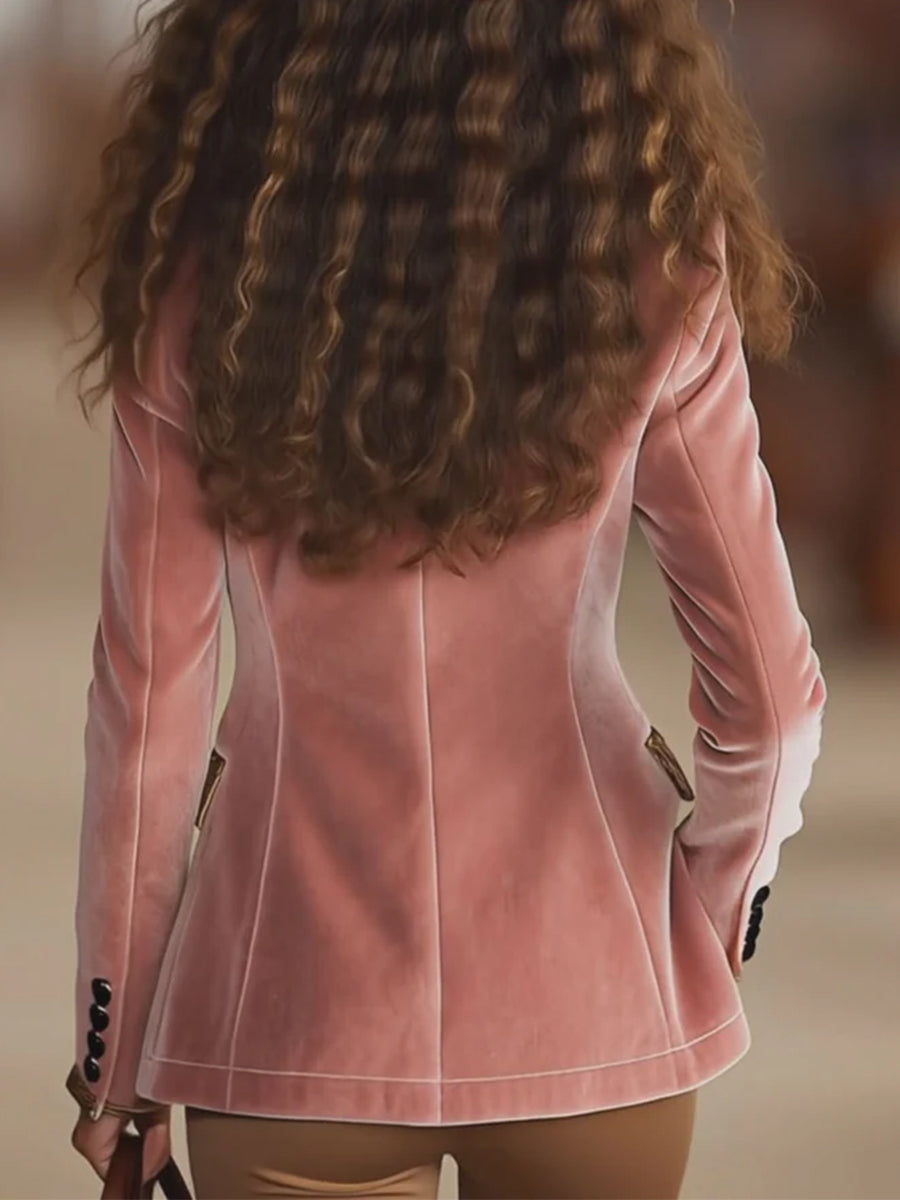 Daily Pink Leopard Turndown Collar Long Sleeve Pocket Casual Contrast Blazer