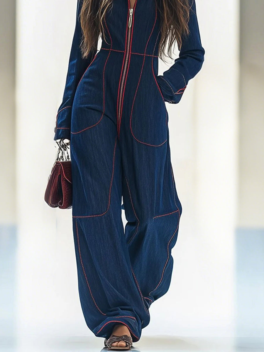 Fashion Dark Blue Denim Red Contrast Stitched Pocket Zipper Wide Leg Jumpsuit