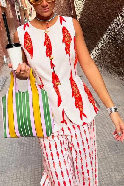 Chaleco de lino con botones metálicos y estampado de koi de buena suerte